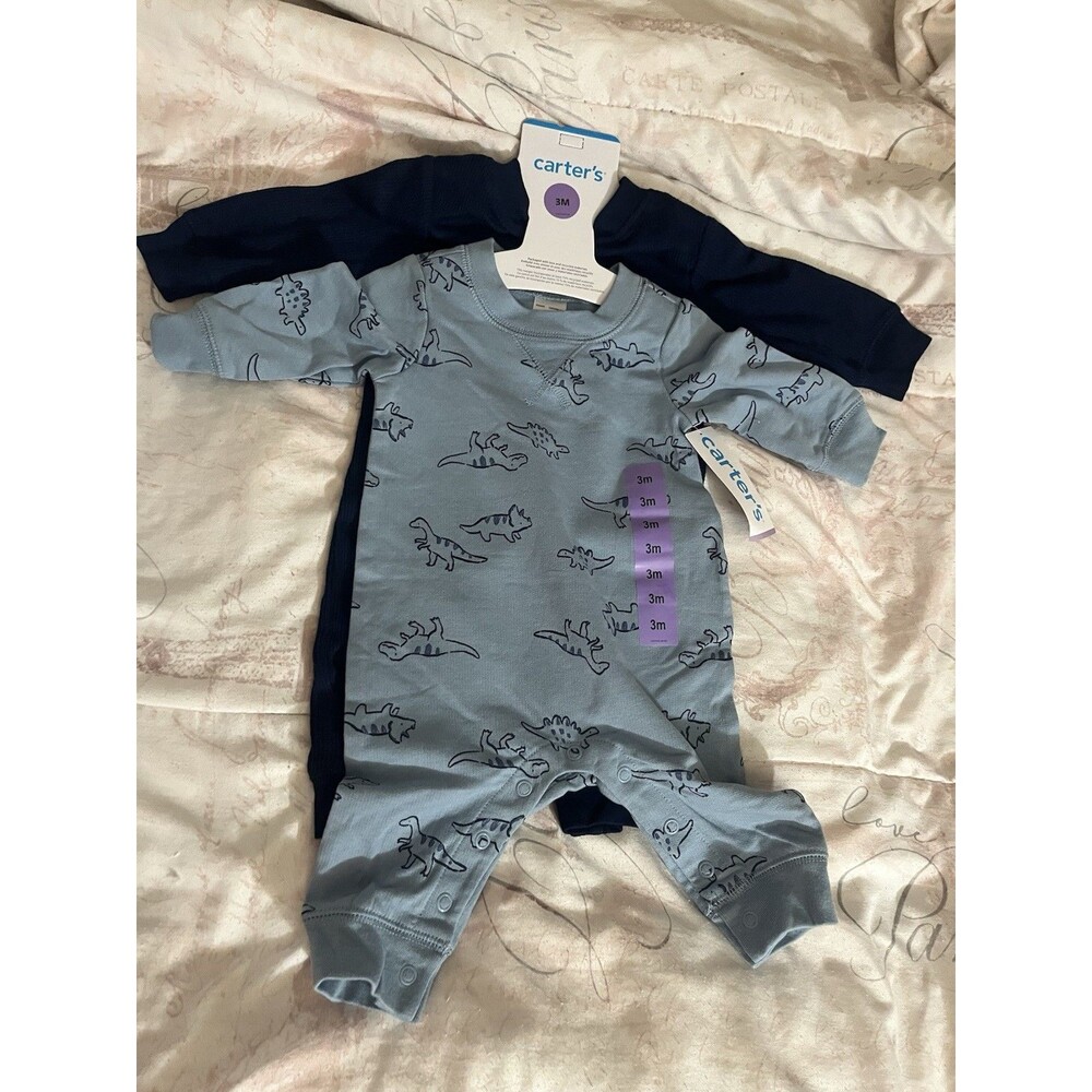 Carter’s 2 Piece Long Sleeve Jumpsuits Size 3 Month 1 Solid Blue & 1 Dino Print - Picture 2 of 3